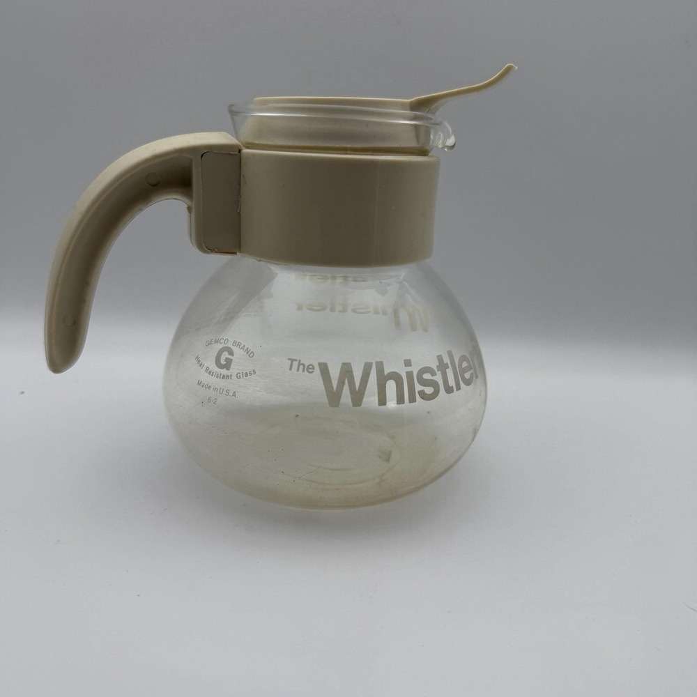 Vintage GEMCO The Whistler Glass Kettle 8 Cup Coffee Tea Pot Carafe Cream
